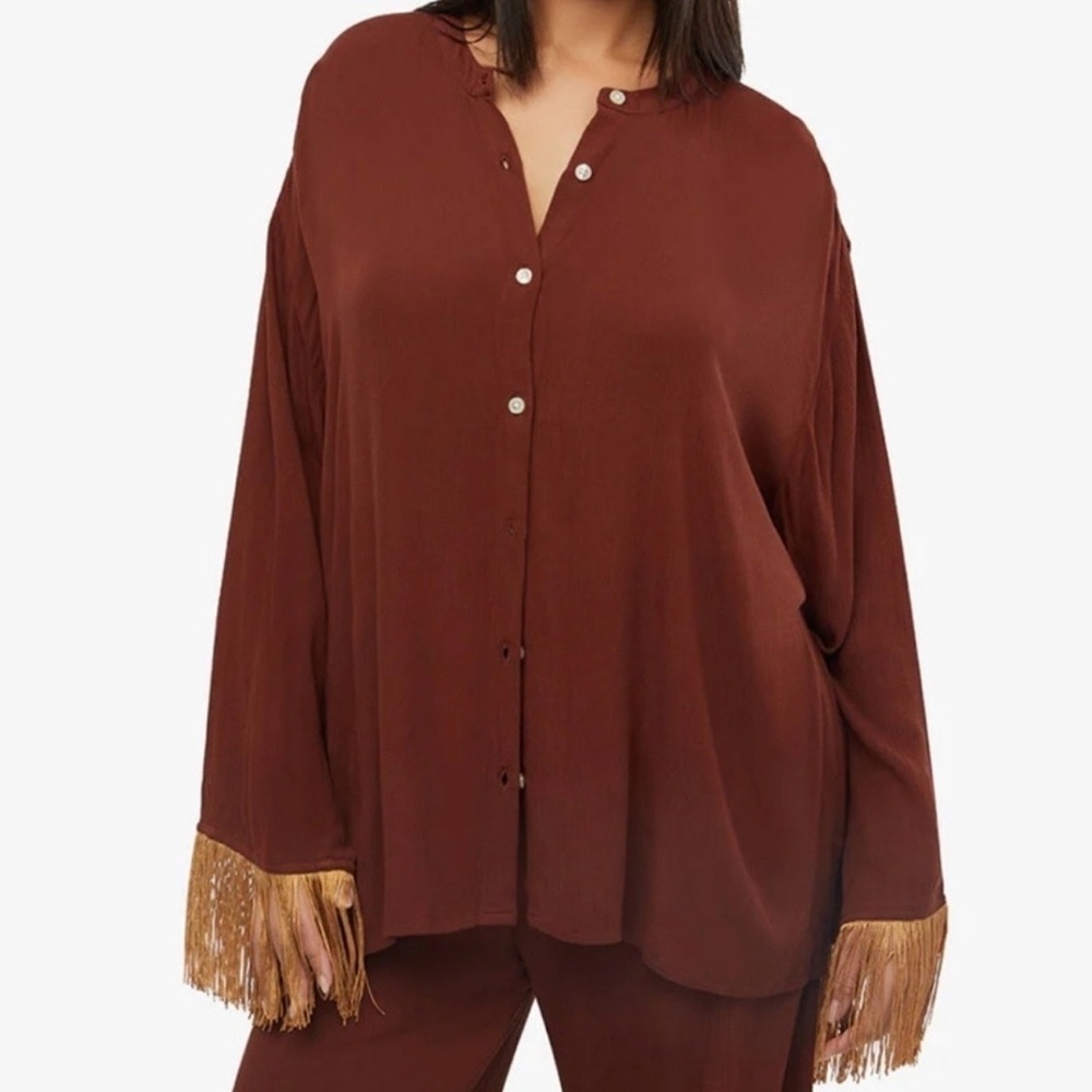 Weworewhat fringe button down blouse size XXL brown NWT Western Boho